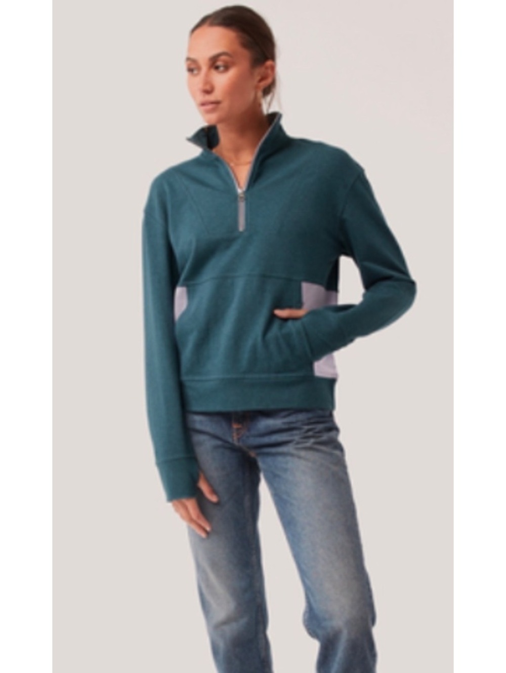 Pact perfectly light weight organic cotton colorblock quarter zip blue lilac